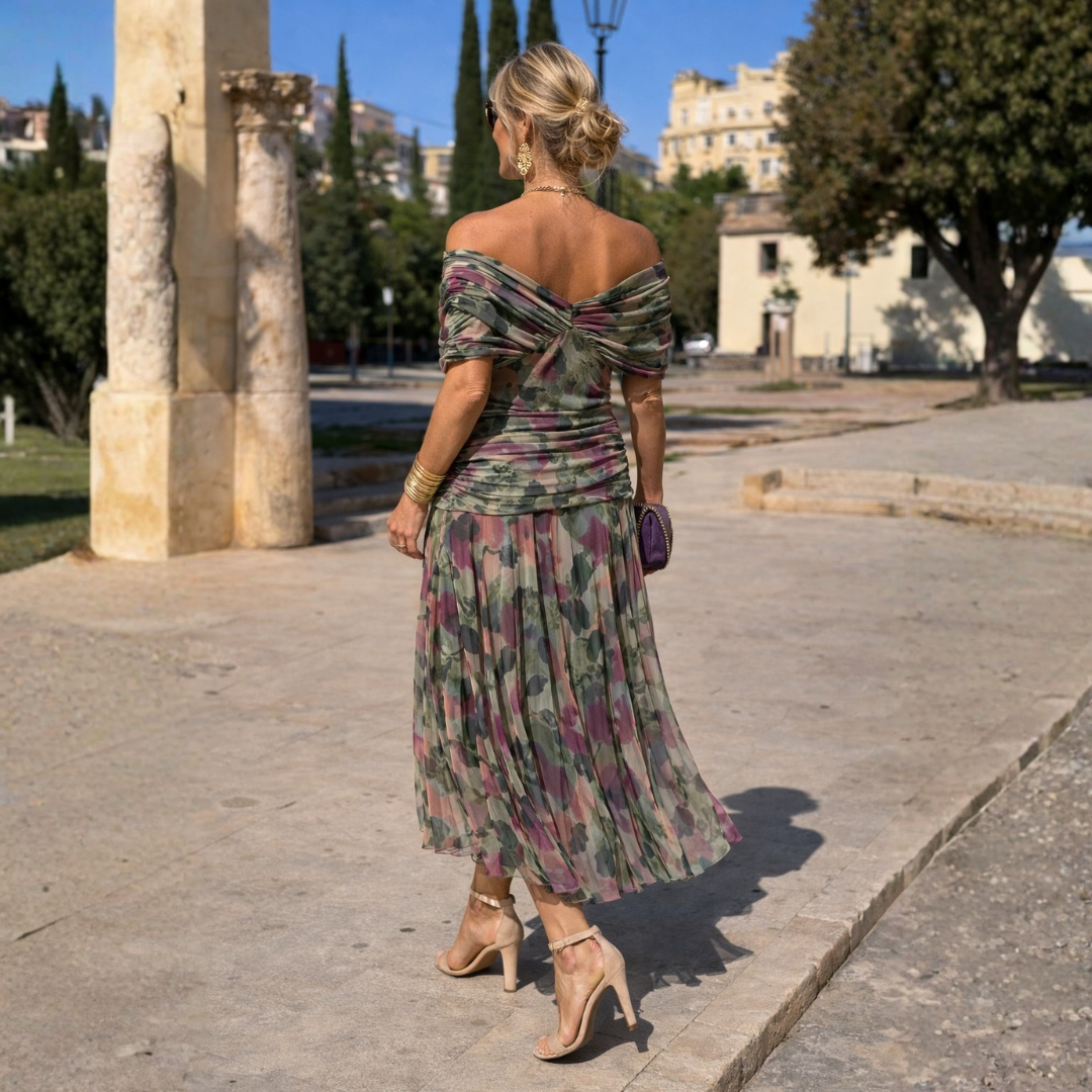 Mikaela | Gedrapeerde off-shoulder maxi-jurk