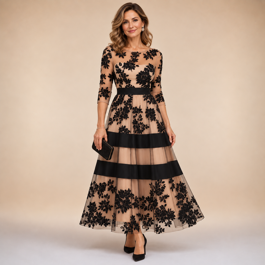 Adeline™ | Midi-avondjurk met bloemenkant