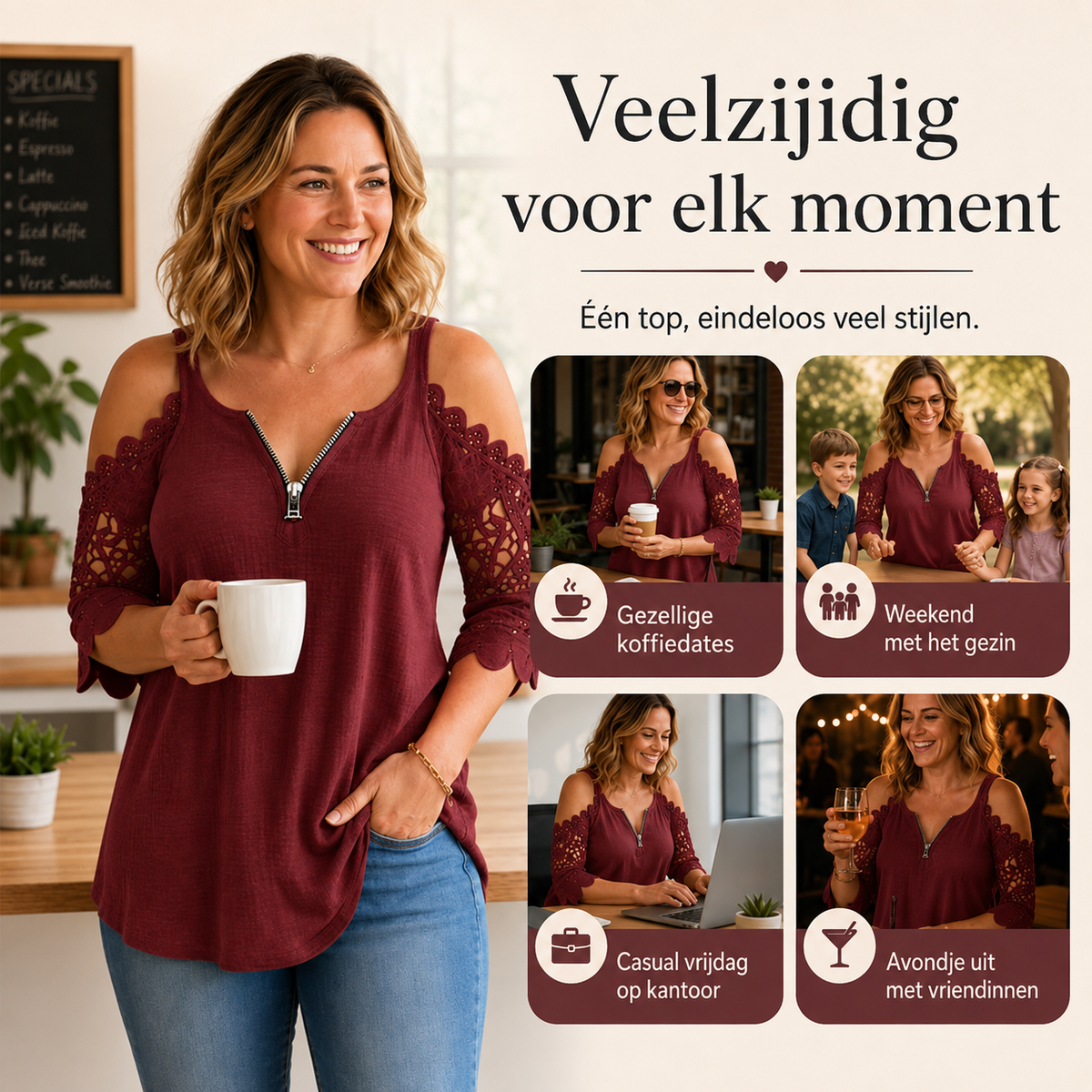 Anja™ | Elegante Off-Shoulder Kanten Top Met Ritssluiting