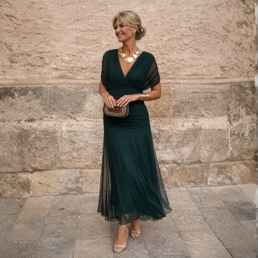 Mikaela | Gedrapeerde off-shoulder maxi-jurk