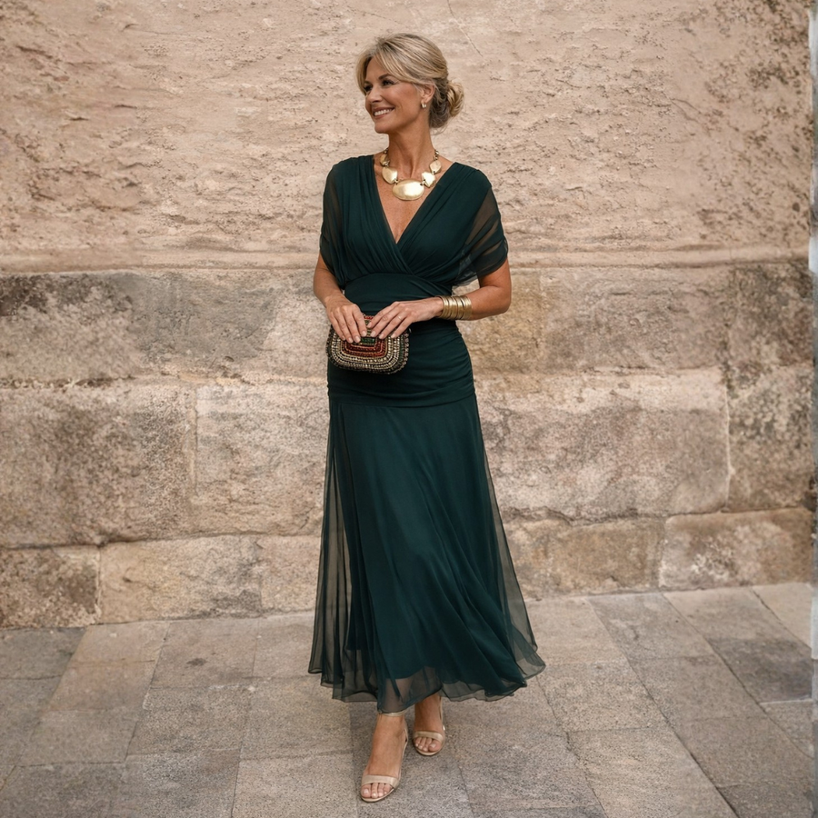 Mikaela | Gedrapeerde off-shoulder maxi-jurk
