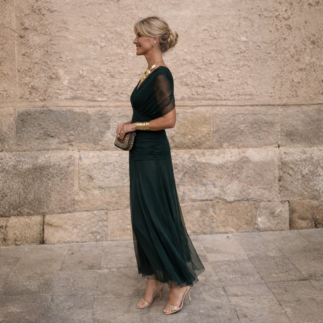 Mikaela | Gedrapeerde off-shoulder maxi-jurk