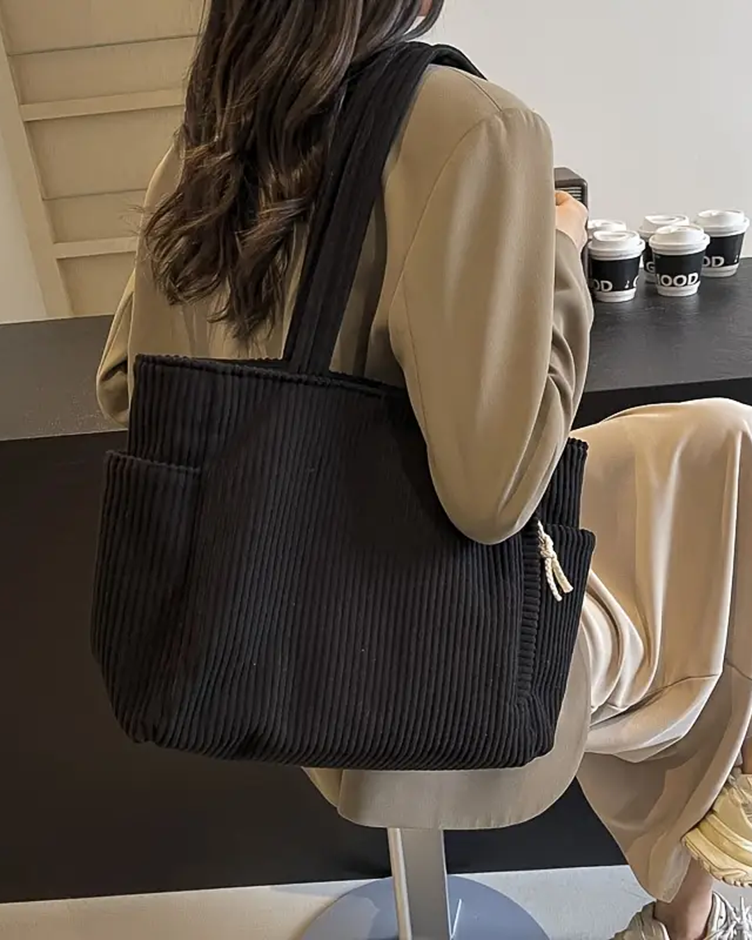 Lea™  | Geribde Draagtas Met Koorddetail