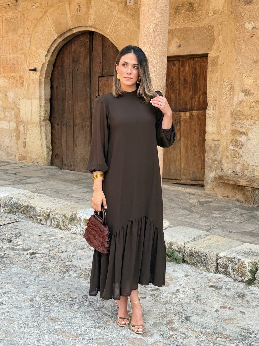 Andrea | Chiffon midi-jurk in chocoladebruin