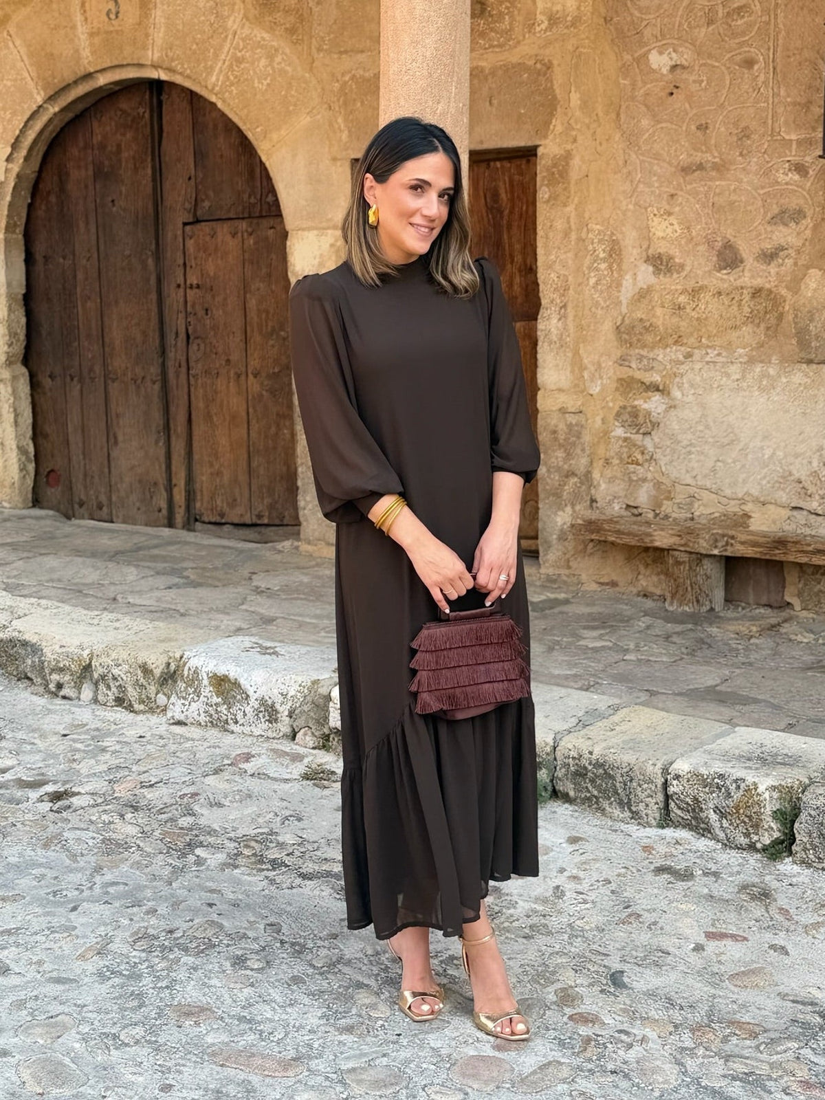 Andrea | Chiffon midi-jurk in chocoladebruin