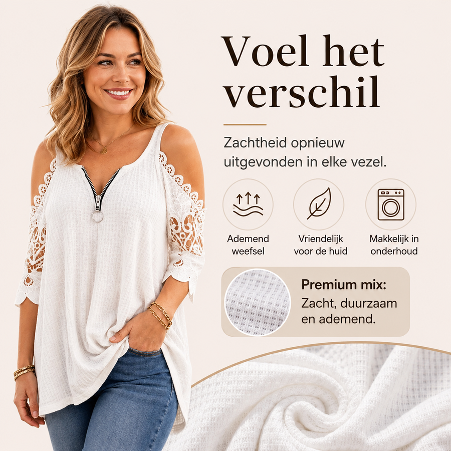 Anja™ | Elegante Off-Shoulder Kanten Top Met Ritssluiting
