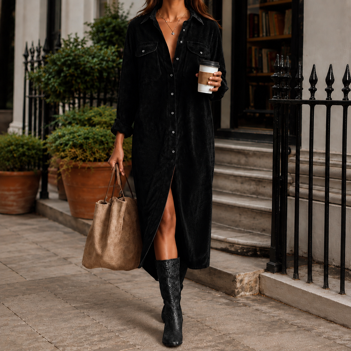Marieke | Lange blousejurk van ribcord