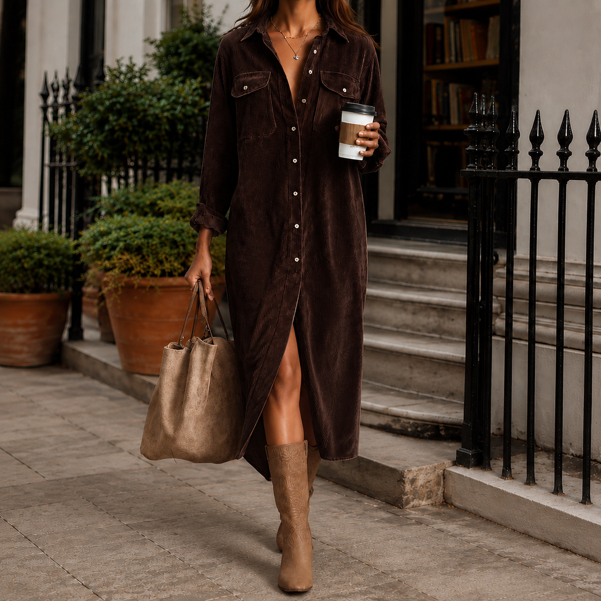Marieke | Lange blousejurk van ribcord