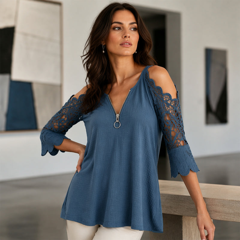 Anja™ | Elegante Off-Shoulder Kanten Top Met Ritssluiting
